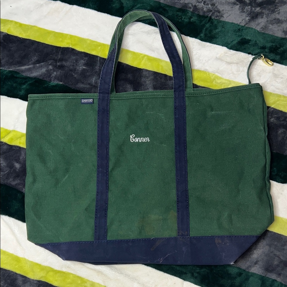 LANDS END XL Green and Navy Tote Bag